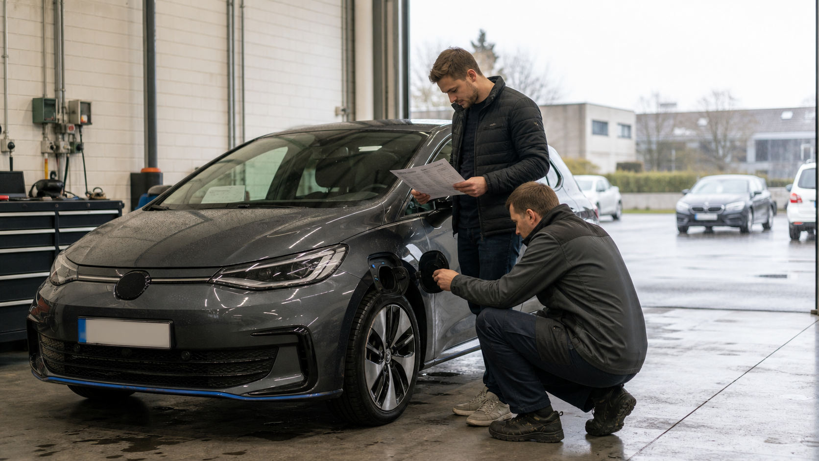 Acheteur et mécanicien vérifiant une voiture électrique d'occasion avant achat en Belgique