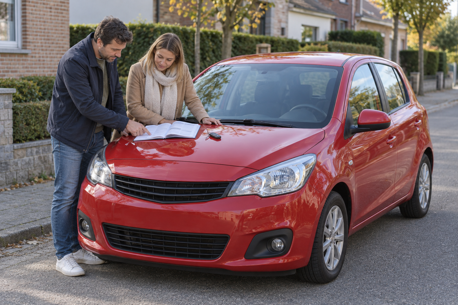 Illustration de deux particuliers consultant le carnet d'entretien d'une voiture