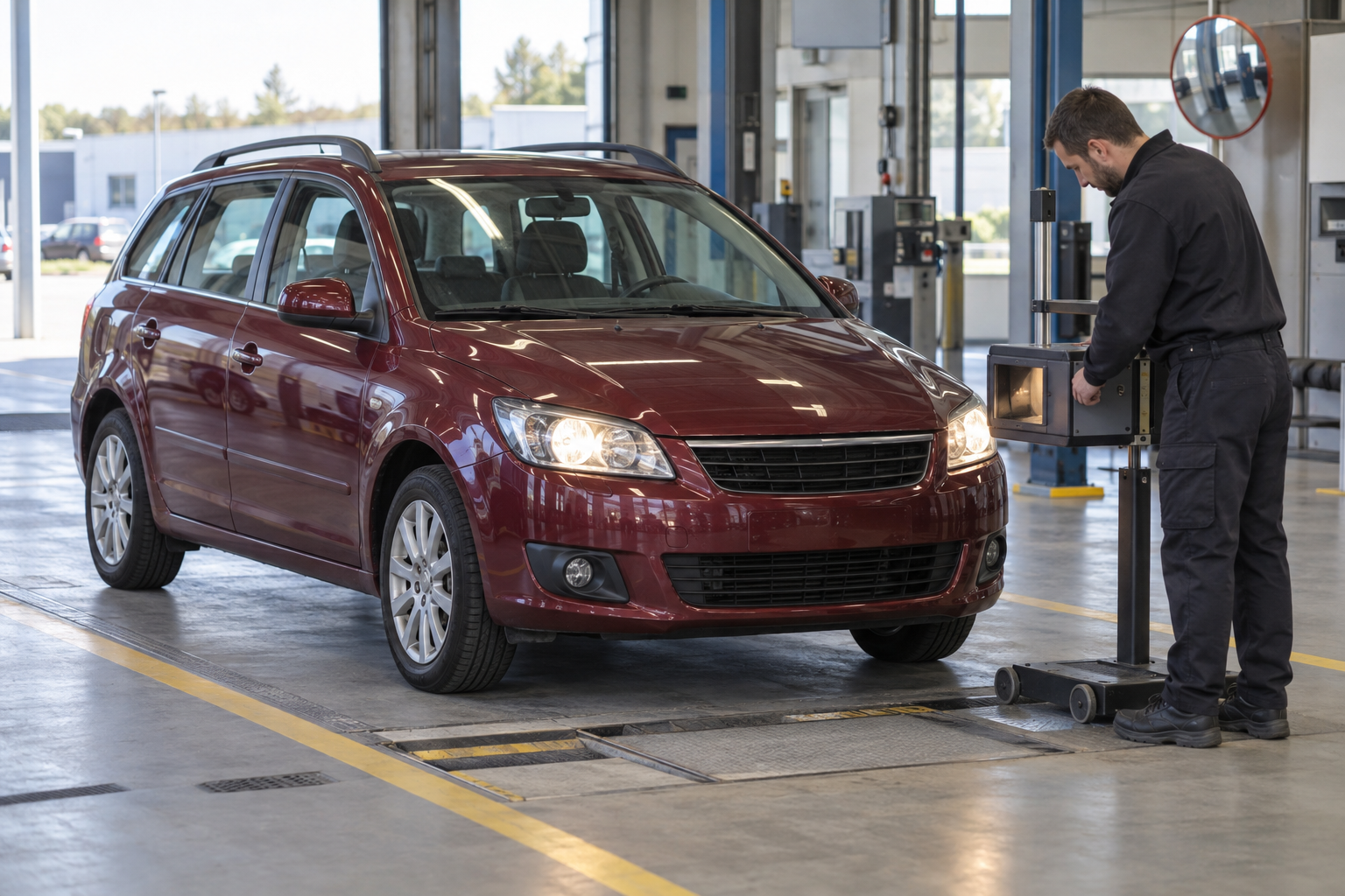 Illustration d'un contrôle des phares d'une voiture dans une station technique