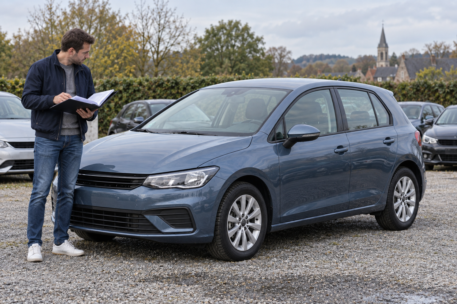 Illustration d'un acheteur vérifiant le dossier d'une voiture d'occasion