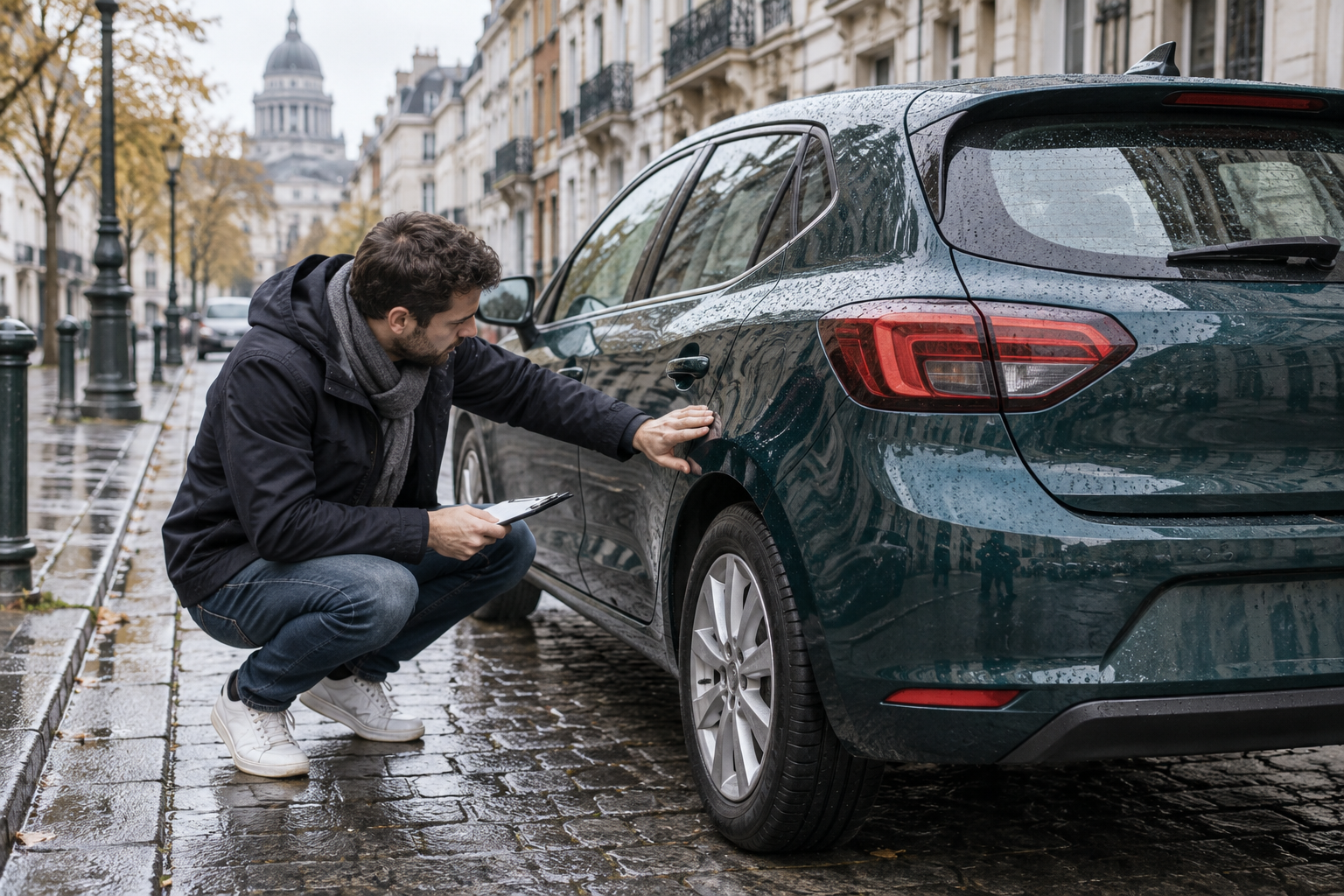 Illustration d'un acheteur inspectant la carrosserie d'une voiture d'occasion en ville