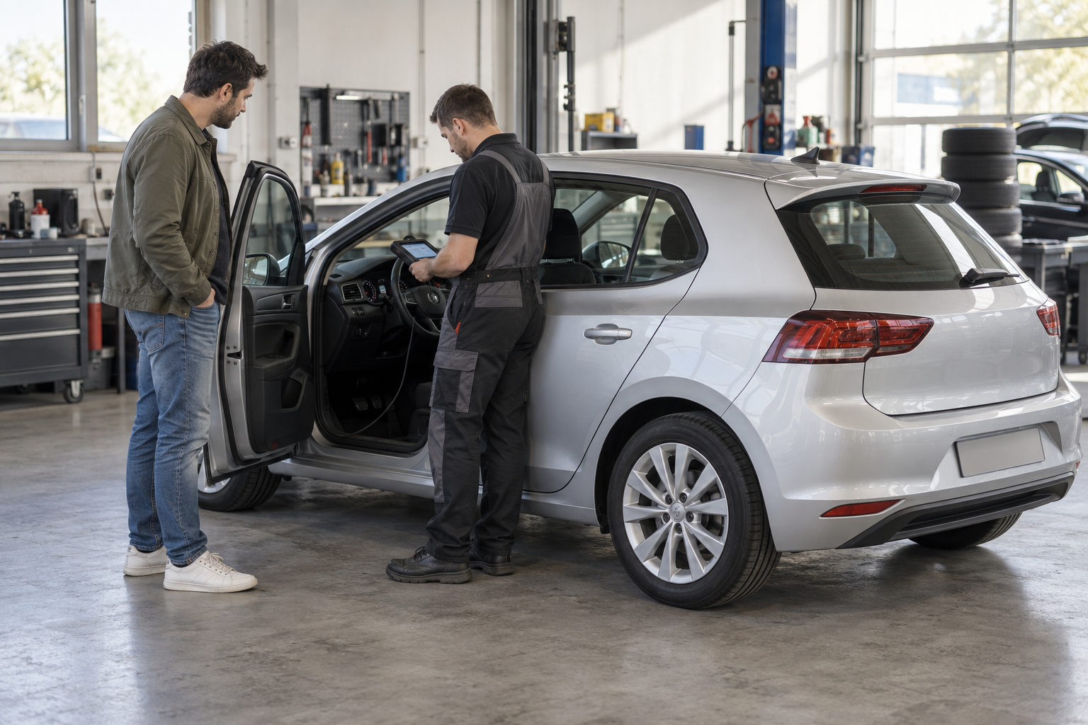 Illustration d'un diagnostic d'une voiture d'occasion dans un atelier