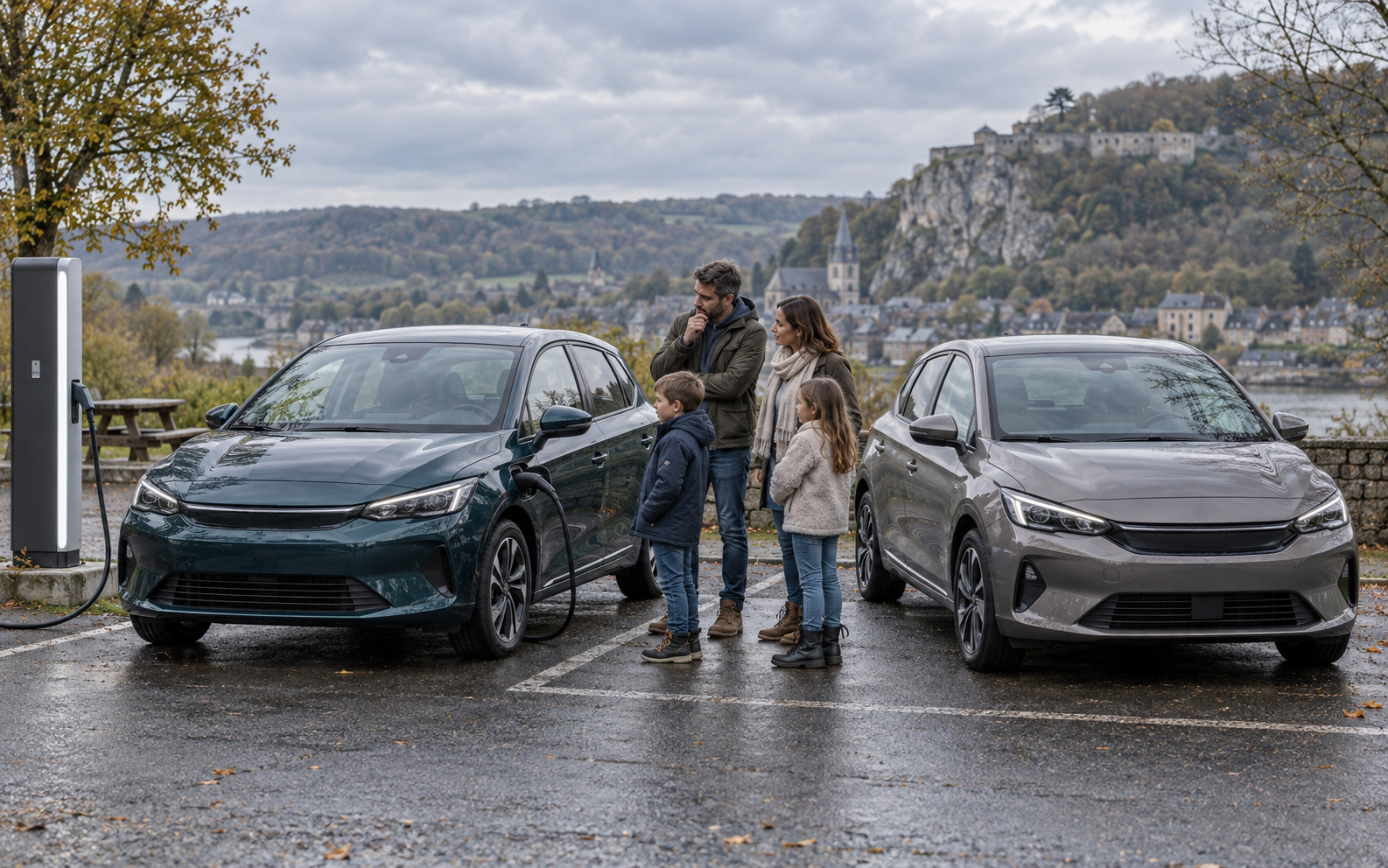 Illustration d'une famille comparant des voitures électrifiées