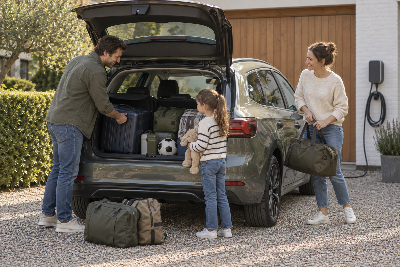 Illustration d'une famille préparant un trajet en voiture électrifiée
