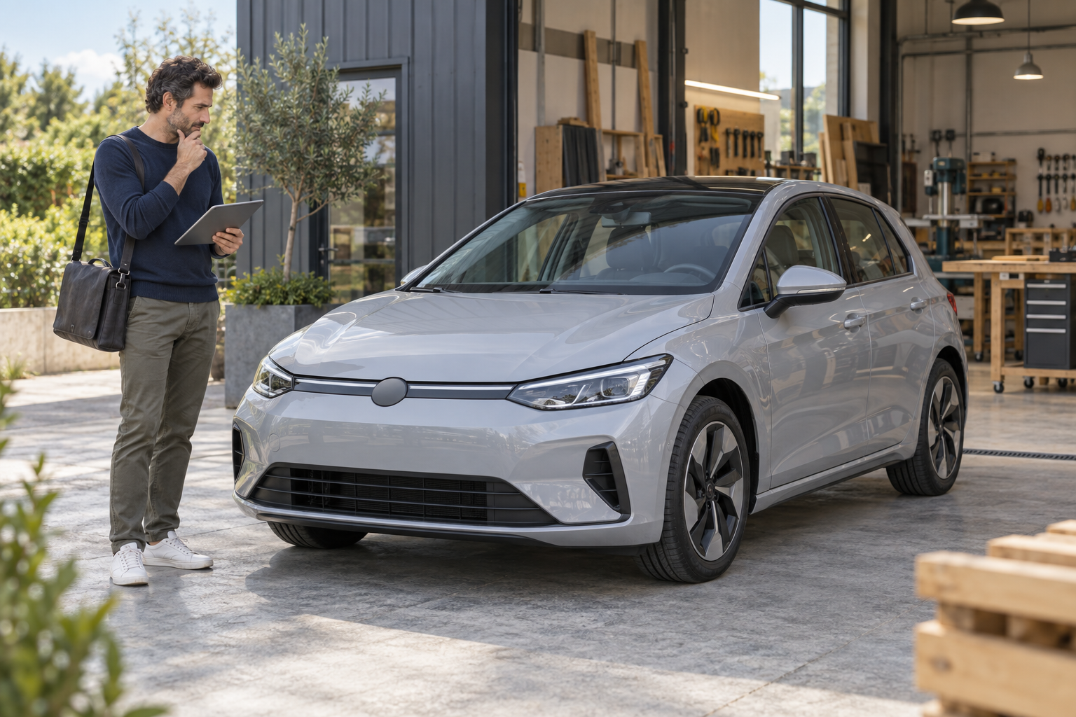 Illustration d'un indépendant examinant une offre de leasing près d'une voiture