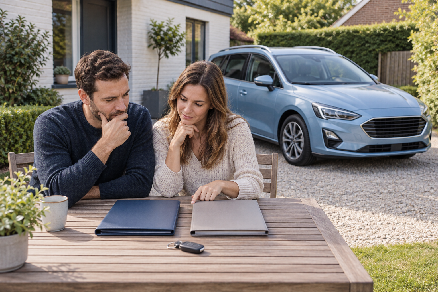 Illustration de deux personnes comparant des offres de financement automobile