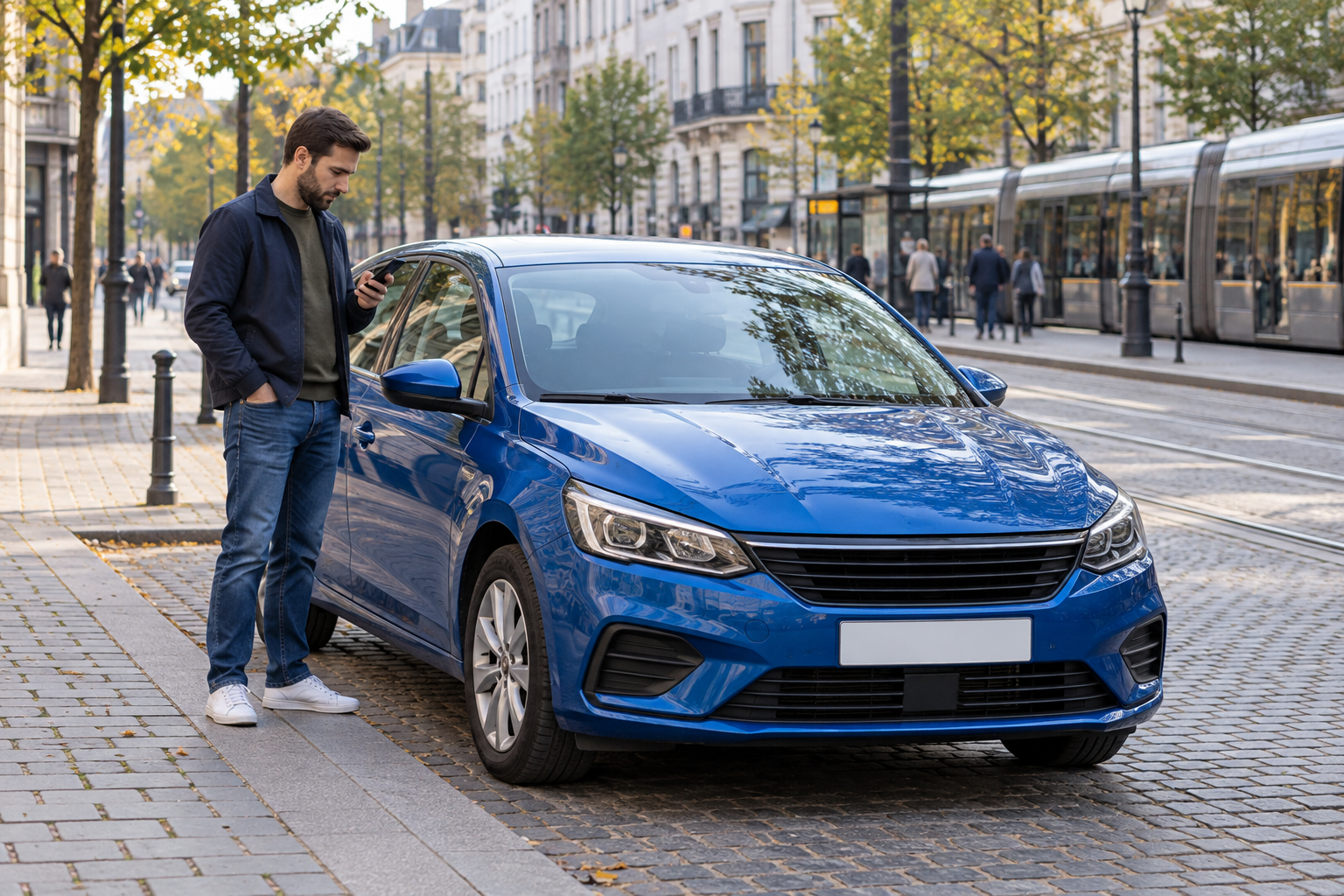 Illustration d'un conducteur vérifiant son trajet en ville près d'une voiture