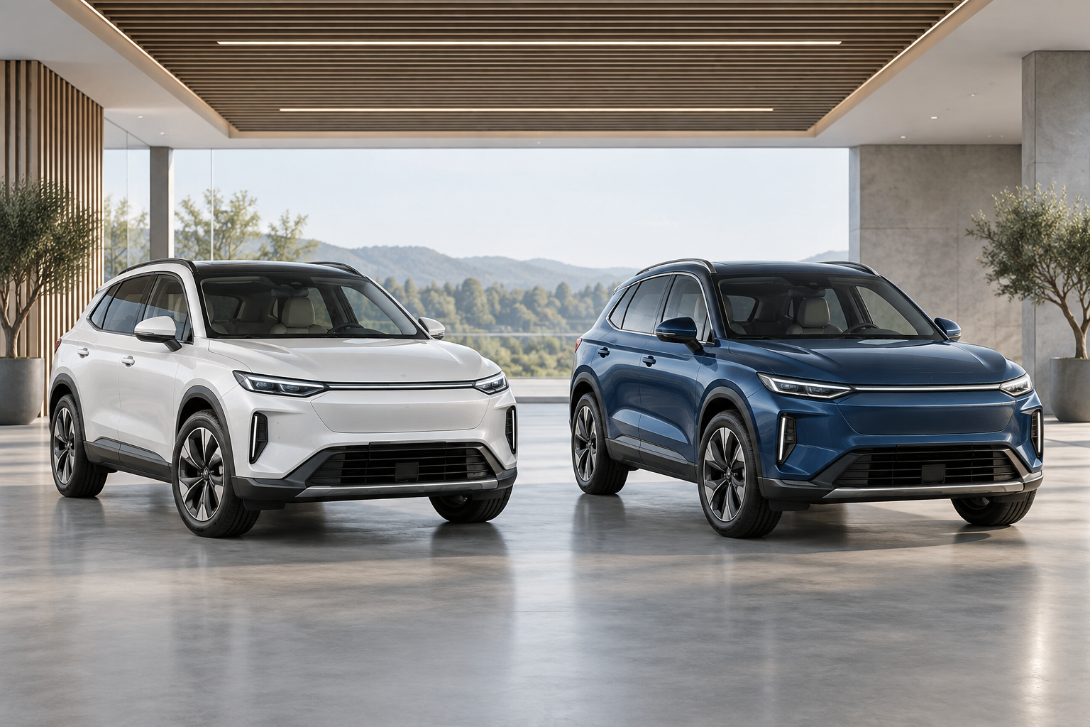 Illustration de deux SUV électriques génériques, sans représentation des modèles cités