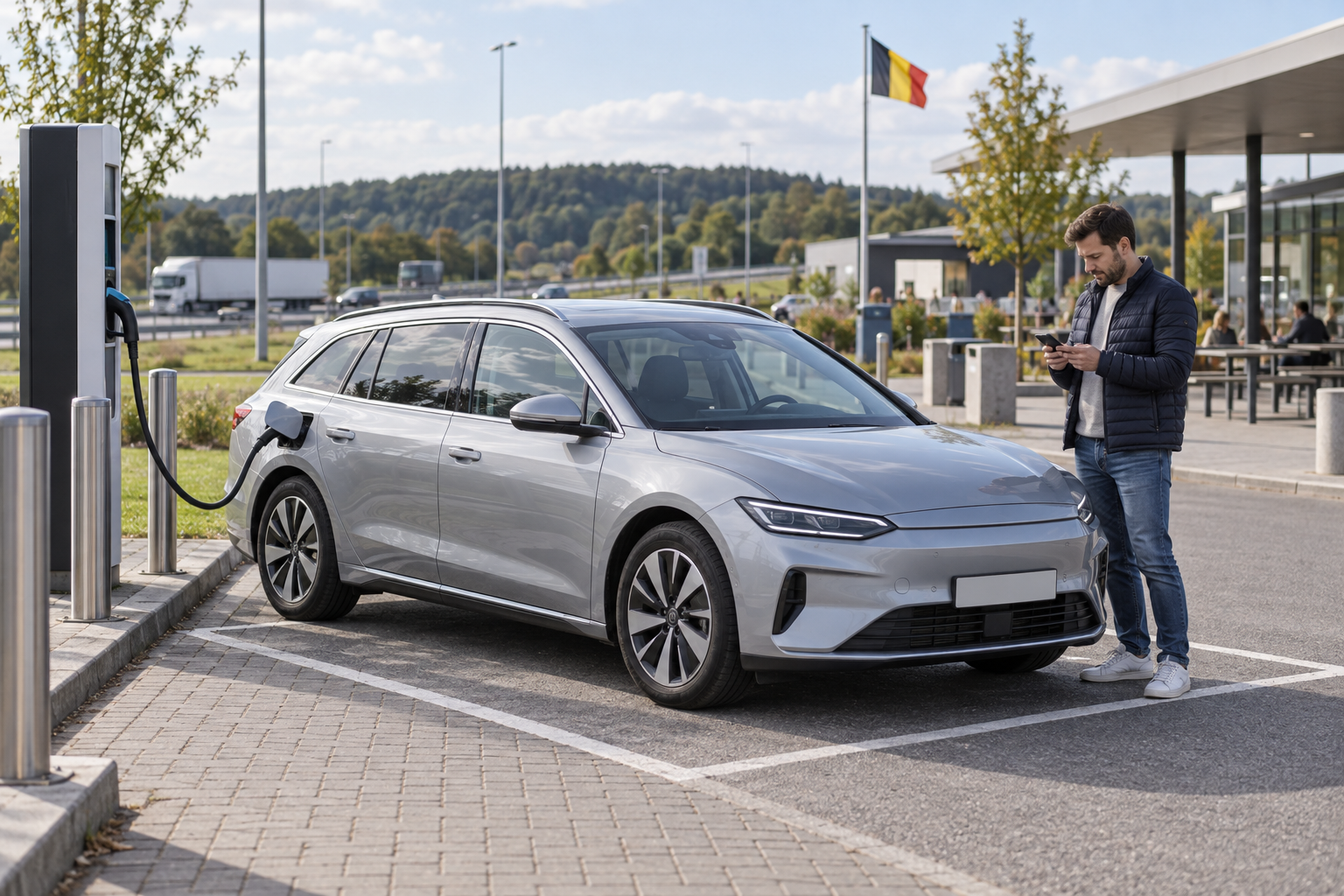 Voiture électrique générique à une borne près de l'autoroute