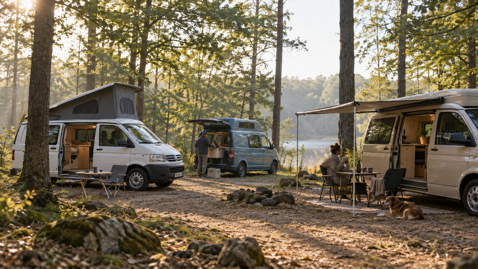 Trois camping-cars compacts génériques dans un camping