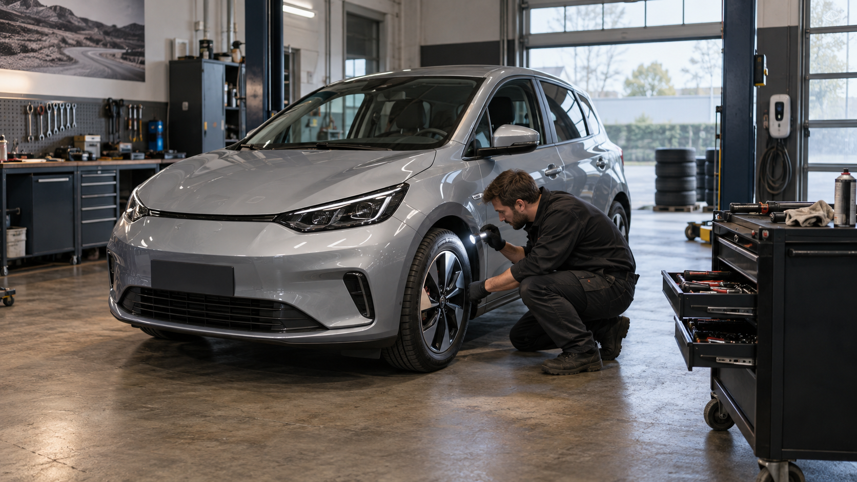 Mécanicien contrôlant les pneus d'une voiture électrique d'occasion